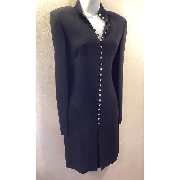 Les Copains Couture Black Evening Rhinestone Buttons Slit Cocktail Dress 42 S - Picture 2 of 9